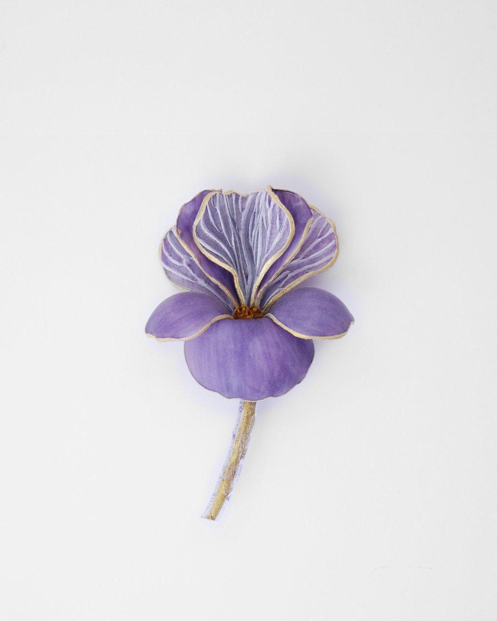 broche fleur d'iris violette tige d'or