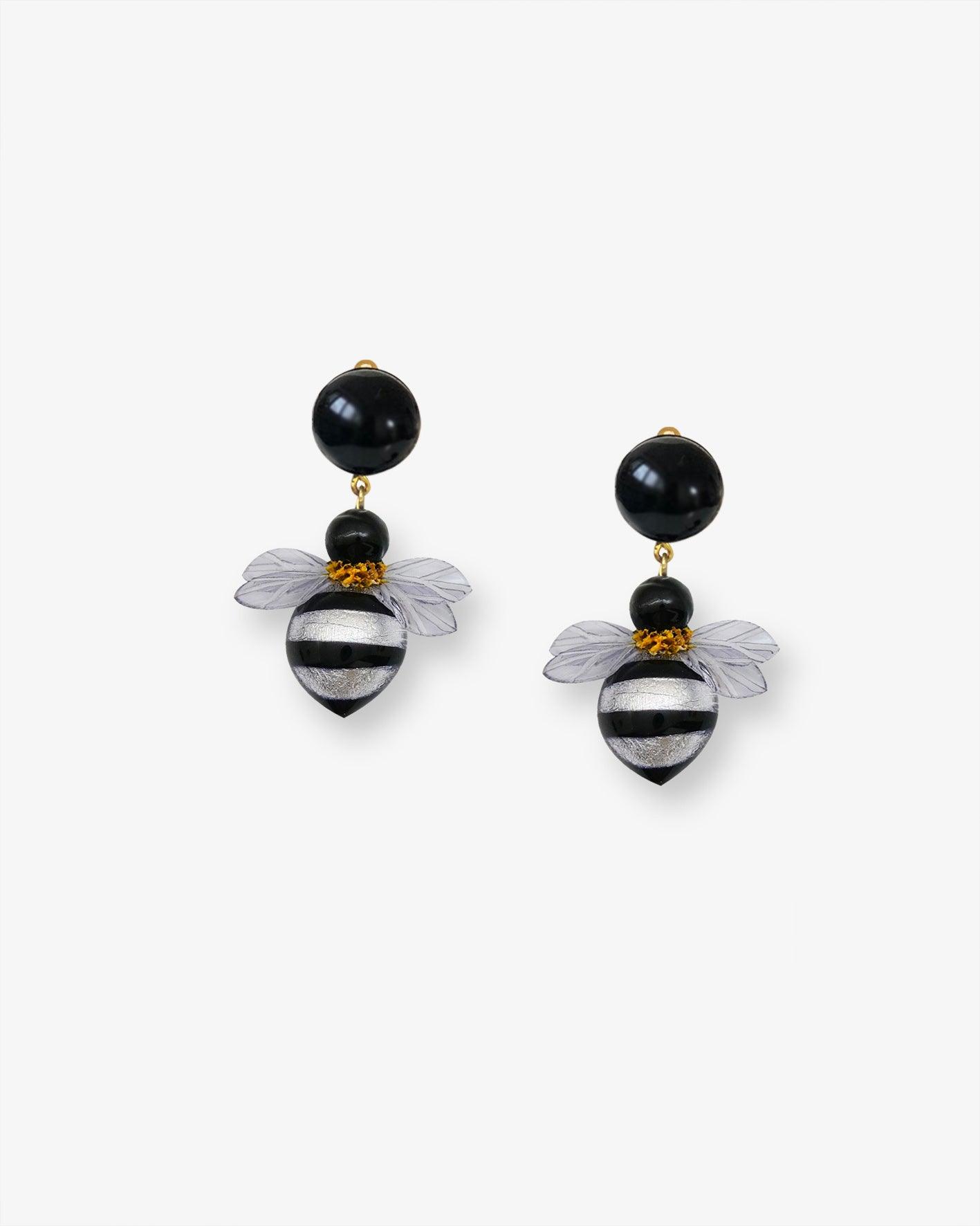 bijoux pour oreilles pendants en forme d'abeille argenté avec un cabochon noir 