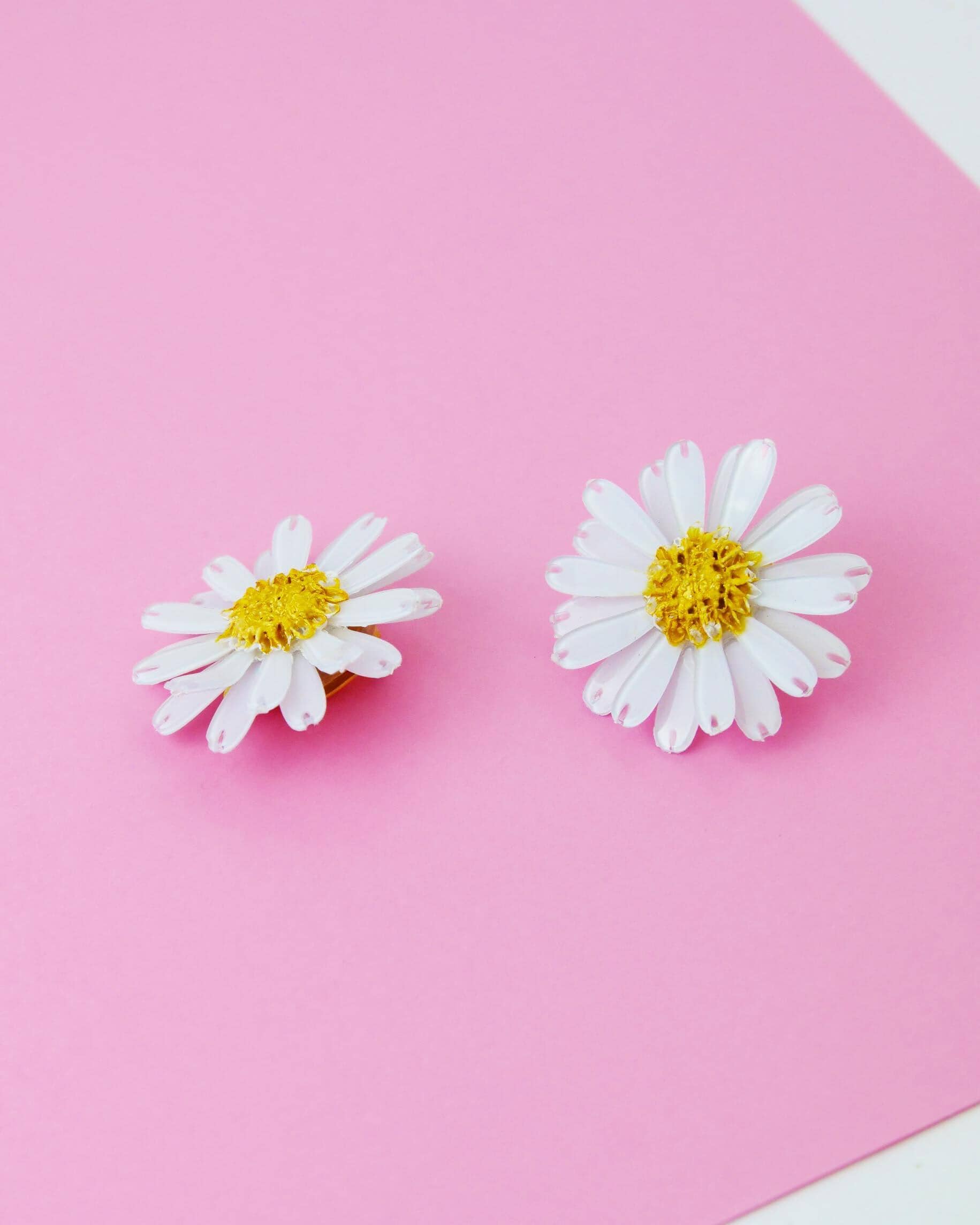 all-groups Boucles d'oreilles marguerites blanches et jaune en résine sur fond rose