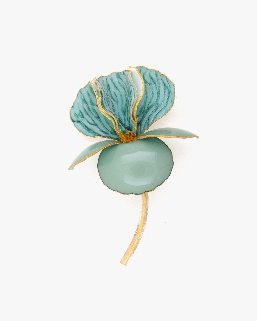 Broche fleurie en forme d'Iris bleue et dorée