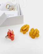 Coffret de bijoux avec une bague orange et des boucles d'oreilles jaunes