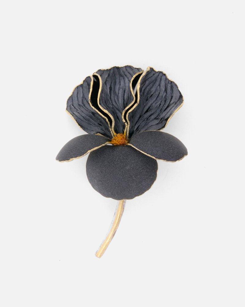 broche velours noire avec tige en feuilles d'or