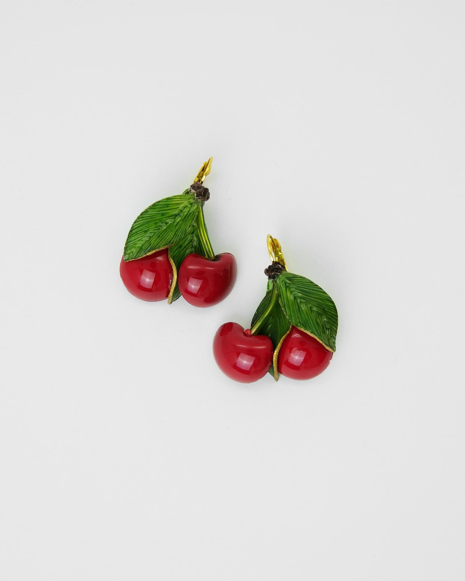 Boucles d'oreilles napoleon cerises rouges avec feuilles vertes 