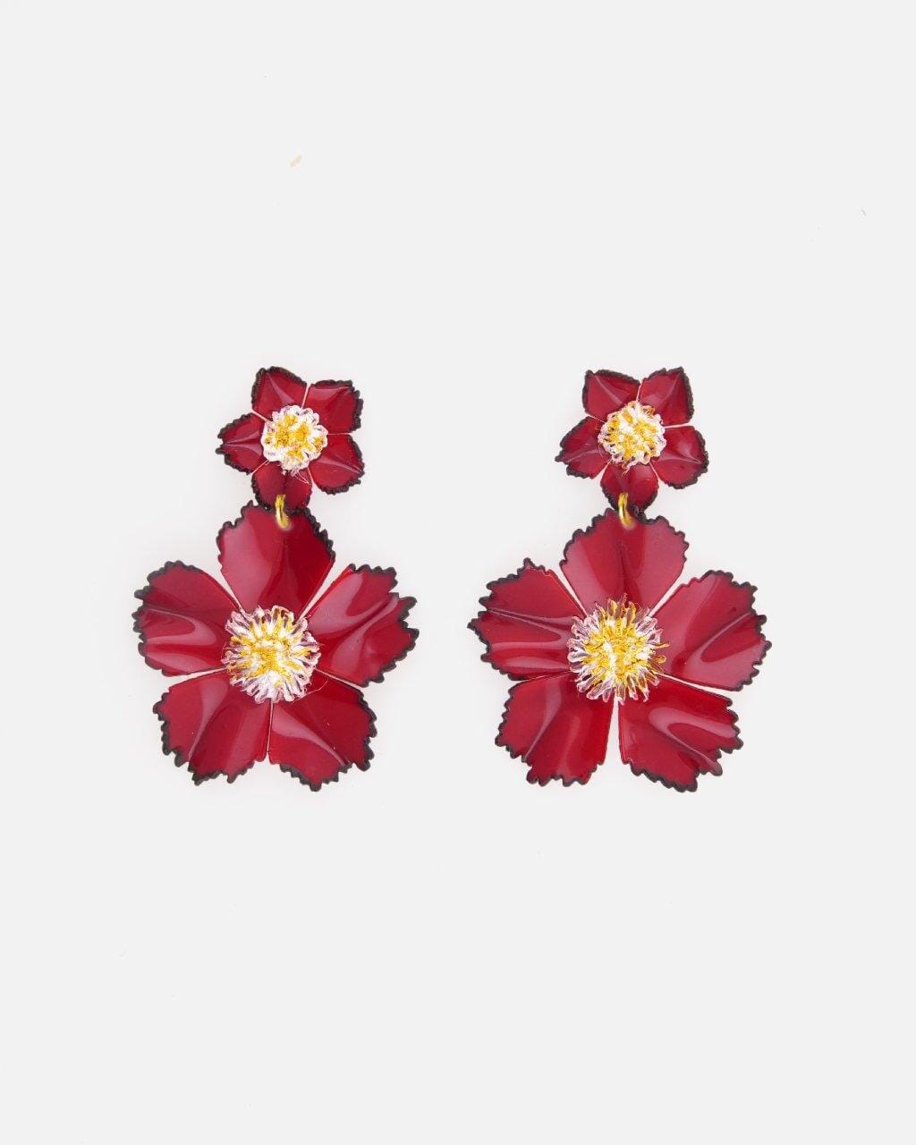 boucles d'oreilles composées de 2 fleurs rouges au coeur jaune